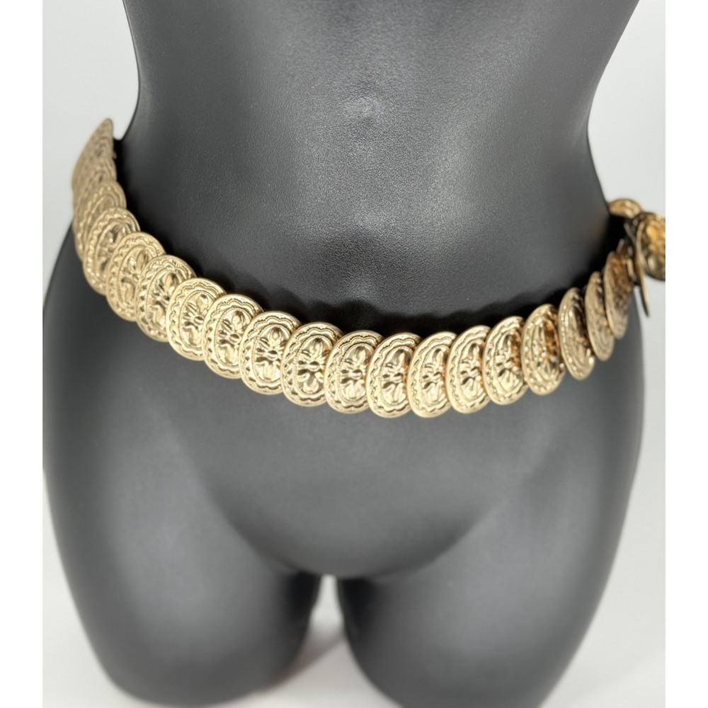 Gold Tone Medallion Stretch Waist Belt Womens One Size Black Elastic Floral Link